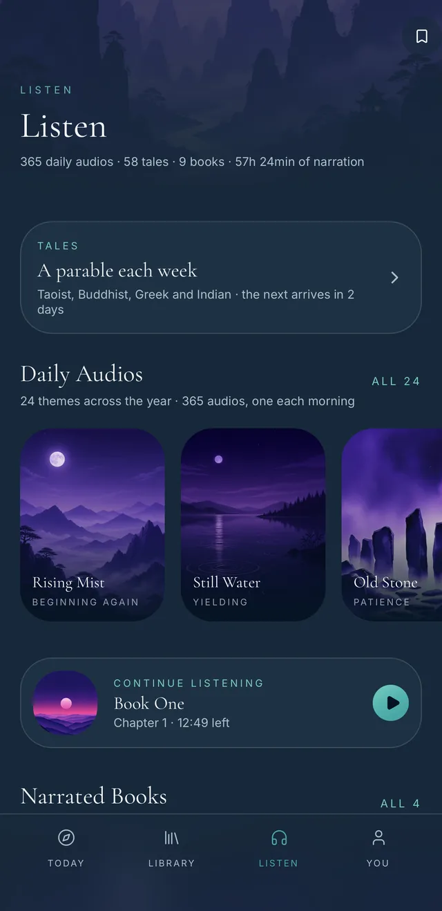 The Listen screen: 365 daily audios, 58 tales, 9 narrated books and 57h 24min of narration.