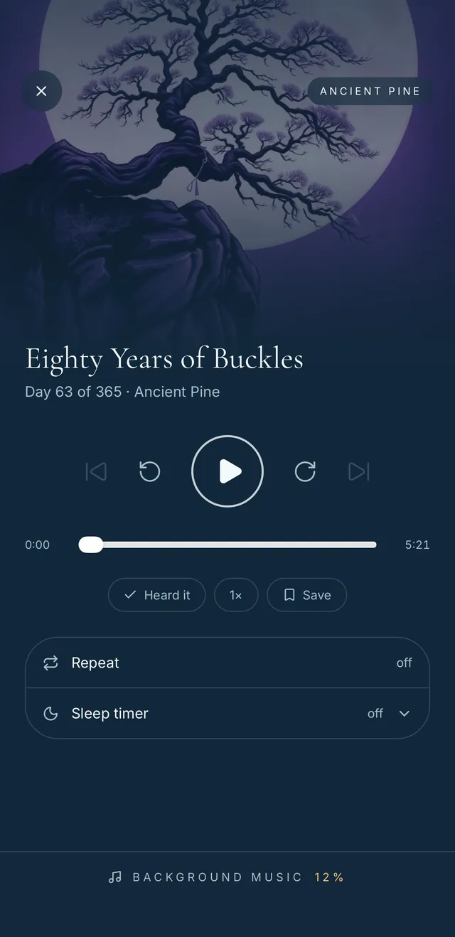 The player in Taoist Diary, playing the tale Eighty Years of Buckles, with a sleep timer and background music.